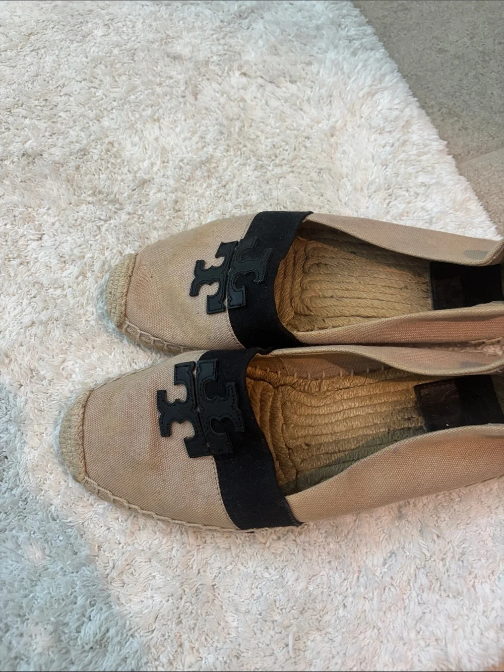 Tory Burch Tan Canvas Espadrille Flats with Black Logo Band